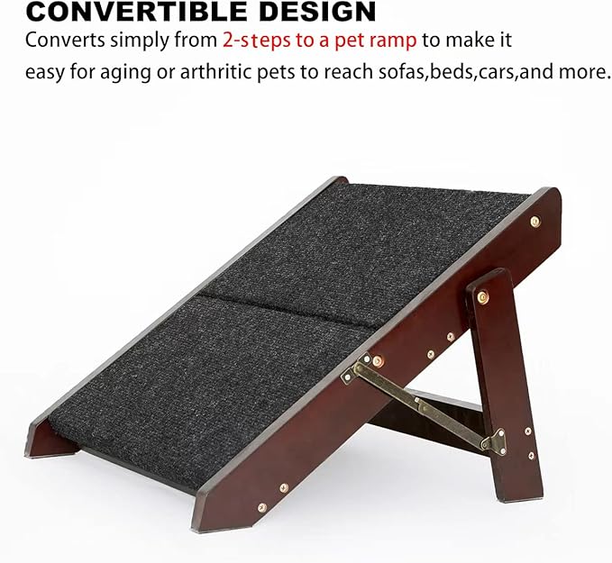 MEWANG Wooden Pet Stairs/Pet Steps - 2-in-1 Foldable Stairs &amp; Ramp for Beds and Cars - Portable Dog/Cat Ladder Up to 110 Pounds