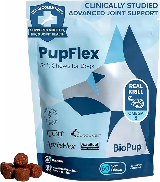 PupFlex+ Hip and Joint Supplement Dogs, Vet Created Soft Chews with UC-II® Collagen for Dogs, CurcuVET® &amp; Omega 3, Proven More Effective Than Glucosamine Chondroitin, Dog Joint Supplement (60 ct)