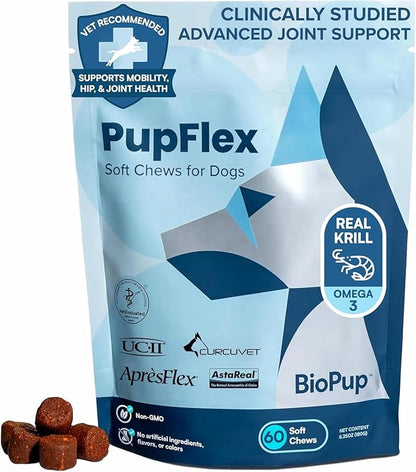 PupFlex+ Hip and Joint Supplement Dogs, Vet Created Soft Chews with UC-II® Collagen for Dogs, CurcuVET® &amp; Omega 3, Proven More Effective Than Glucosamine Chondroitin, Dog Joint Supplement (60 ct)