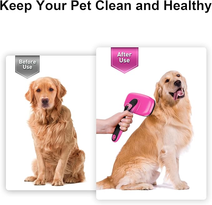 Self Cleaning Slicker Brush for Shedding Long Short Haired Dogs &amp; Cats, Remove Loose Tangling Knot Undercoat Fur Mats, Grooming Brush with Retractable Bristles for Small Medium Large Pet, Pink