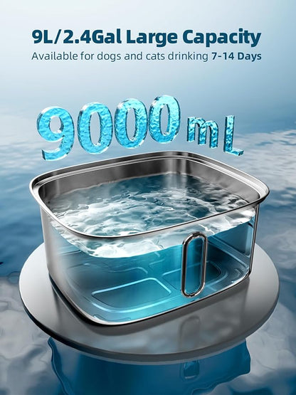 Dog Water Fountain for Large Dogs, 9L/2.4Gal Stainless Steel Dog Fountain with Water Level Window &amp; Filtration, Automatic Pet Water Bowl Dispenser Indoor, Super Quiet for Multi-Pet