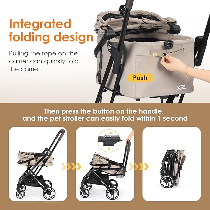 X2 Pet Stroller, Dog Cat Stroller for Small Pets Under 44lbs, Equipped with Detachable &amp; Foldable Carrier, Waterproof Pad &amp; Sunshade Canopy,Camel (Camel)