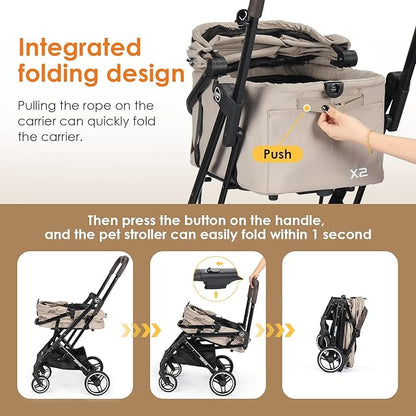 X2 Pet Stroller, Dog Cat Stroller for Small Pets Under 44lbs, Equipped with Detachable &amp; Foldable Carrier, Waterproof Pad &amp; Sunshade Canopy,Camel (Camel)