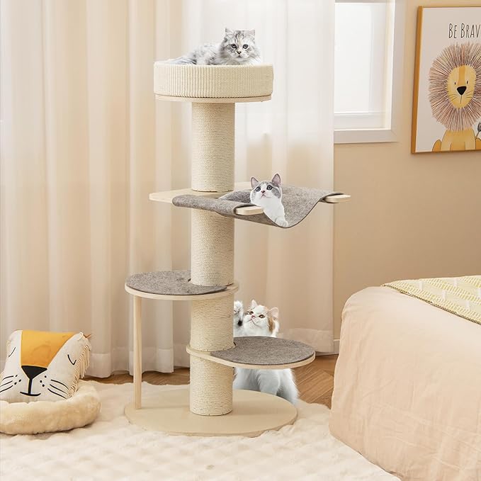 Tangkula Wood Cat Tree, 47 Inch Multi-Layer Cat Tower with 5.7” Thicker Sisal Covered Scratching Posts &amp; Carpet, Padded Top Perch, 2 Jumping Platforms, Hammock, Modern Cat Tree Tower for Indoor Cats