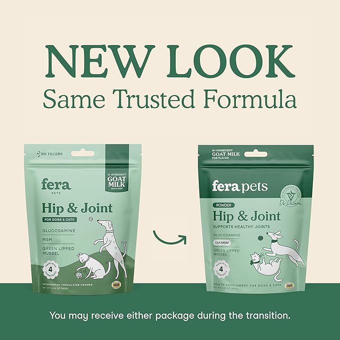 Fera Pets Goat Milk - Cat &amp; Dog Hip and Joint Support with Glucosamine, MSM &amp; Green Lipped Mussel - Supports Flexibility, Mobility &amp; Bone Health - for Picky Eaters - 60 TSP