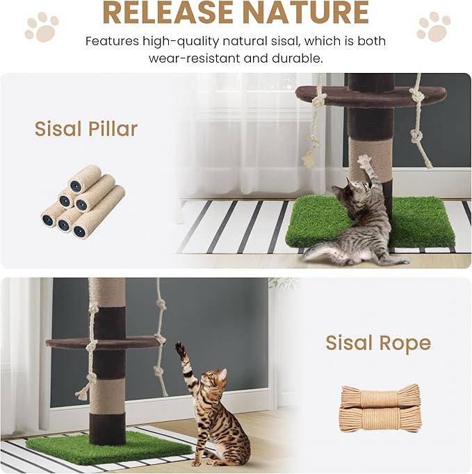 SHA CERLIN 55 Inches Cat Tree Tower with Leaves/Cozy Perches with Scratching Post for Indoor Kittens and Adults Cats/Sisal Rope and Simulated Lawn with Wide Base/Brown &amp; Green