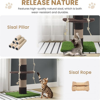 SHA CERLIN 55 Inches Cat Tree Tower with Leaves/Cozy Perches with Scratching Post for Indoor Kittens and Adults Cats/Sisal Rope and Simulated Lawn with Wide Base/Brown &amp; Green