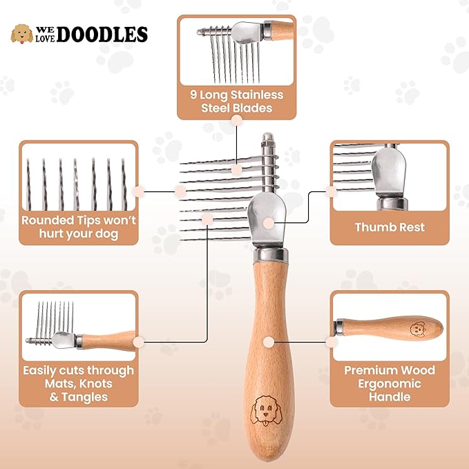 We Love Doodles Pet Dematting Comb and Pet Dematting Brush &amp; Rake (Bundle) - Deshedding Undercoat Rake and Detangler Brush For Dogs, Comb Tool For Grooming, for Detangling Thinning and Shedding