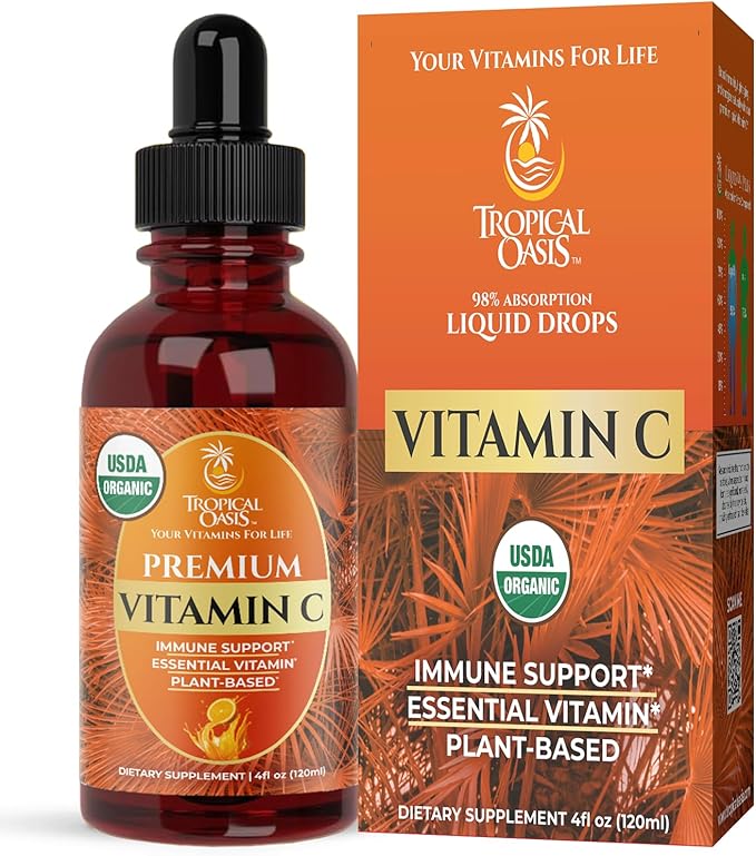Tropical Oasis USDA Organic Liquid Vitamin C Drops for Adults &amp; Kids | Supports Healthy Immune System | 98% Absorption Rate | Vegan | Non-GMO | Gluten Free | 60 Servings