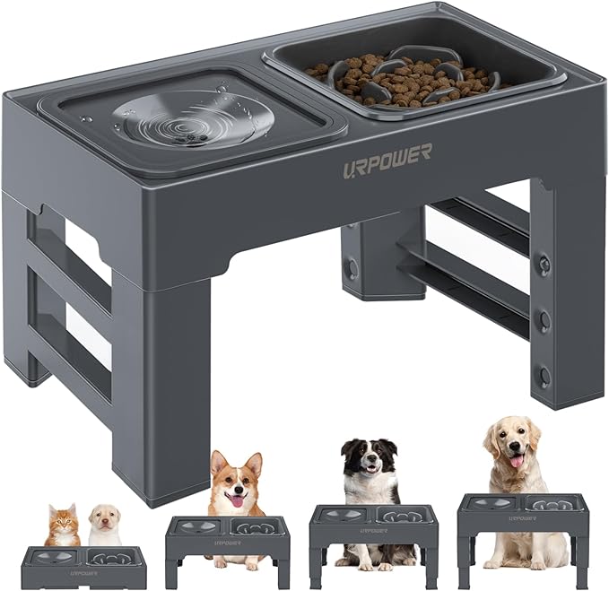 URPOWER 2-in-1 Elevated Slow Feeder with No Spill Dog Water Bowl 4 Height Adjustable Raised Bowl Stand for Small to Large Dogs, Cats &amp; Pets