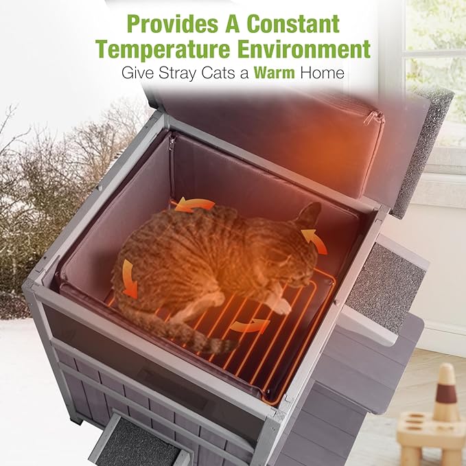 GUTINNEEN Outdoor Heated Cat House for Winter, Weatherproof Wooden Feral Cat Shelter with Escape Door, Heating Pad &amp; Removable Mat(AIR14-Heated)