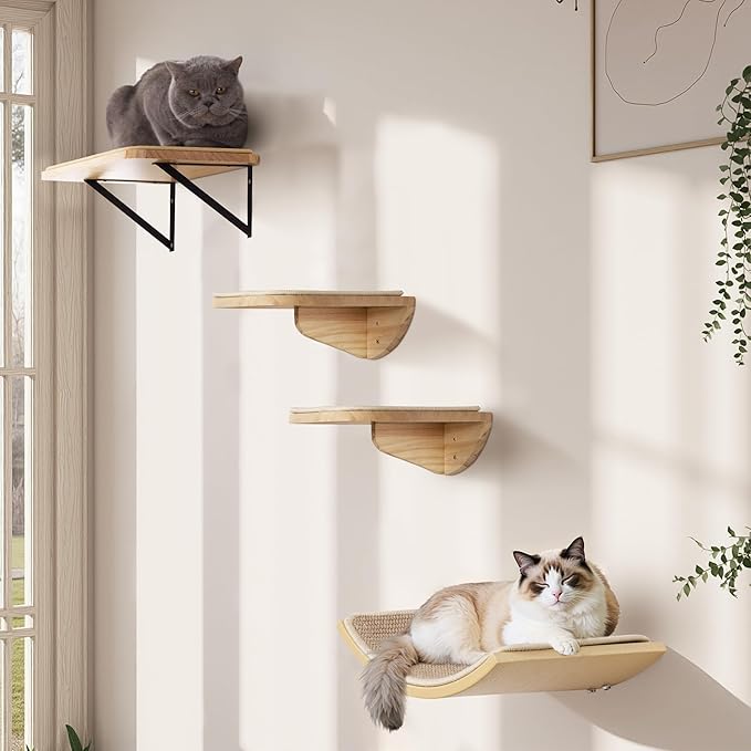 Cat Wall Shelves with Sisal Pads, 4-Piece Wooden Cats Furniture Set with Cat Window Perch, Flat Shelf &amp; Sisal-Clad Steps for Climbing and Scratching