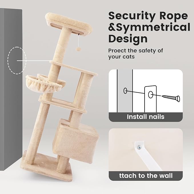 Gardner Pet 65in Heavy Duty Cat Tree Tower for Large Cats, Multi-Level Cat Furniture with Replaceable Sisal Scratching Post, Hammock | Extra-Large Platform &amp; Condo (Beige)