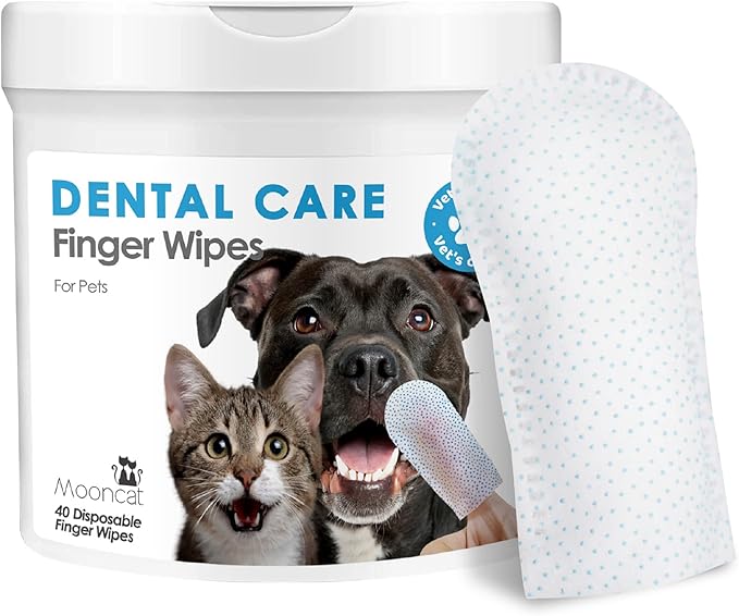Mooncat Dental Finger Wipes for Dogs &amp; Cats - Easy Teeth Cleaning to Remove Plaque, Tartar &amp; Freshen Bad Breath - Gentle Tooth Wipes for Puppy &amp; Kitten Care - 40 Counts