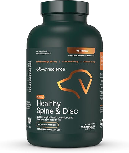 VetriScience Healthy Spine &amp; Disc Easy-Open Capsules, Back &amp; Spinal Support Chondroitin &amp; Taurine Supplement for Dogs, Perfect for Dachshunds, Corgis, Frenchies &amp; More, 180 Count
