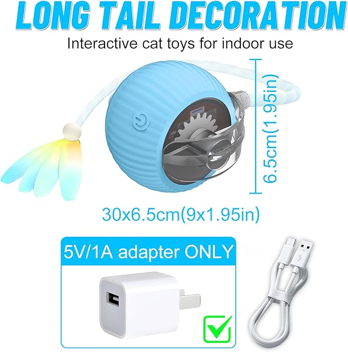 Interactive Cat Toy Ball for Indoor Cats with Mesh Tail &amp; Foils, Automatic Rolling Three Modes Agile Moving Cat Ball to Keep Them Busy Rechargeable, Blue