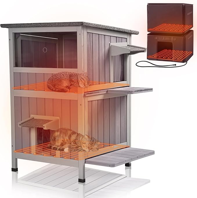 GUTINNEEN Outdoor Heated Cat House for Winter, Weatherproof Wooden Feral Cat Shelter with Escape Door, Heating Pad &amp; Removable Mat(AIR14-Heated)