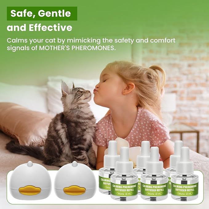 Calming Diffuser Kit for Cat, Cat Pheromone Calming Diffuser Starter Helps Ruduce Anxious, Anti-Stress &amp; Comforts Cats (2 Diffuser + 6 Refills)