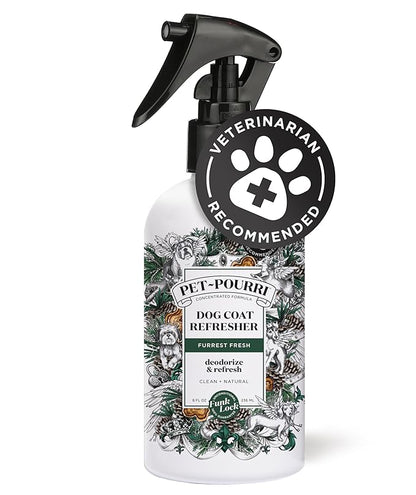 Poo-Pourri Furrest Fresh Dog Deodorizing Spray, 8 Fl Oz Grooming Perfume for Dog Coat, Pet Odor Neutralizer with Essential Oils, Vet Recommended, Paraben &amp; Sulfate-Free Fir, Amber, &amp; Cedarwood Scent
