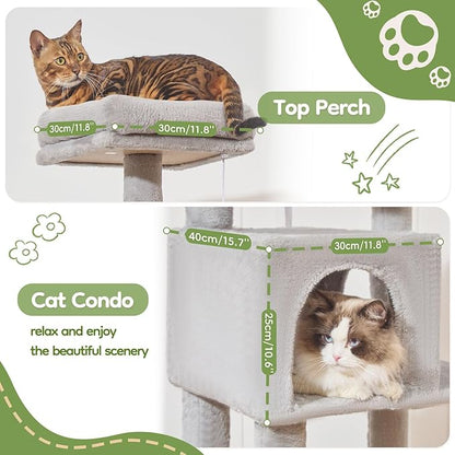 Taoqimiao MS042W Cat Tree,66-inch Large Cat Tower with Scratching Posts, Luxurious Large Platform for Big Cats with Soft Hammock, Adjustable Basket, Deluxe Cat Cando, Top Perch Light Gray