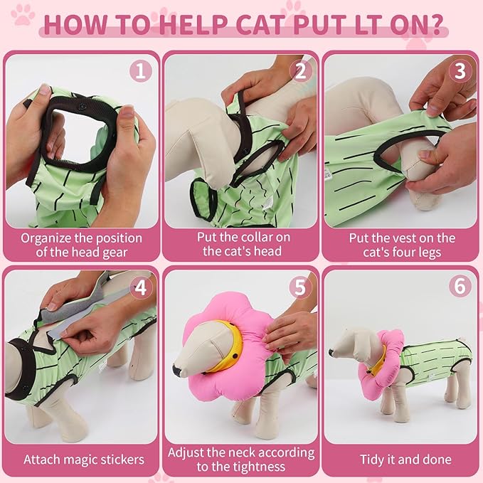 EMUST Cat Recovery Suit and Cone Collar - Cute Surgical Suit for Abdominal Wounds or Skin Diseases, Adjustable Flower Neck Collar Soft for Cats 4-8lb (Green, M)