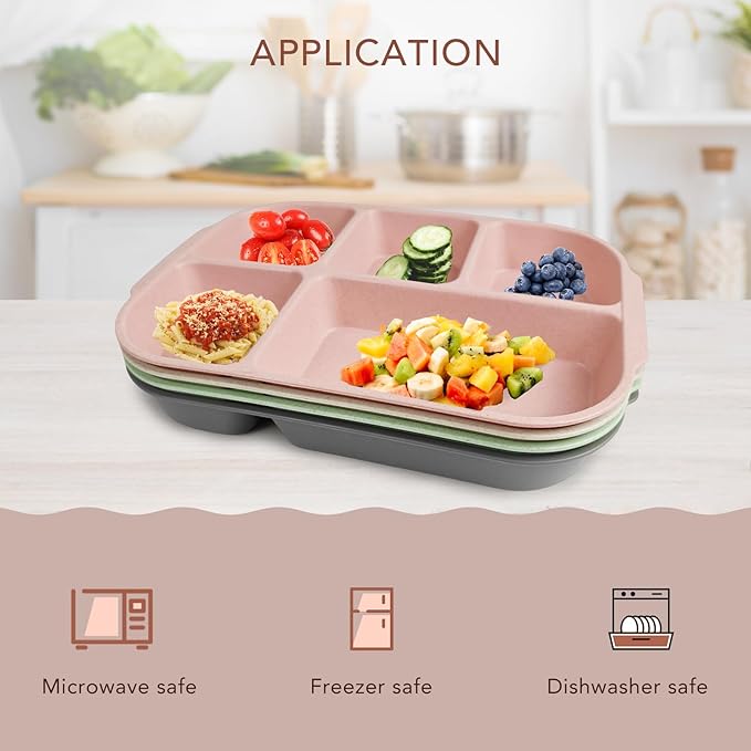 greenandlife 10.8 Inch 4PCS Divided Plates for Kids Adults, Portion Control Plates, Dishwasher &amp; Microwave Safe Compartment Plate, Unbreakable Lightweight Reusable Wheat Straw Plates, INS