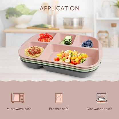 greenandlife 10.8 Inch 4PCS Divided Plates for Kids Adults, Portion Control Plates, Dishwasher &amp; Microwave Safe Compartment Plate, Unbreakable Lightweight Reusable Wheat Straw Plates, INS