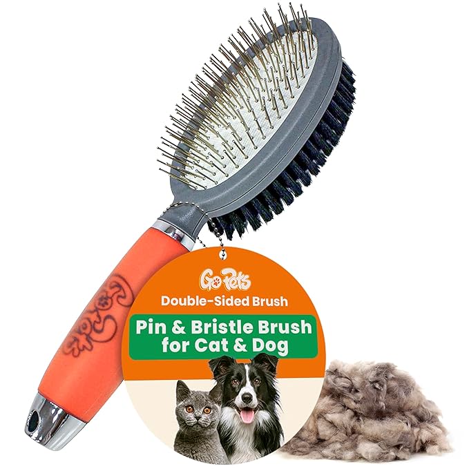 GoPets Double-Sided Pin &amp; Bristle Brush, Dog &amp; Cat Grooming Brush for Detangling, Shedding Control, Fur &amp; Dirt Removal, Smooth &amp; Efficient Pet Grooming for Healthy Coat, Comfortable Ergonomic Handle