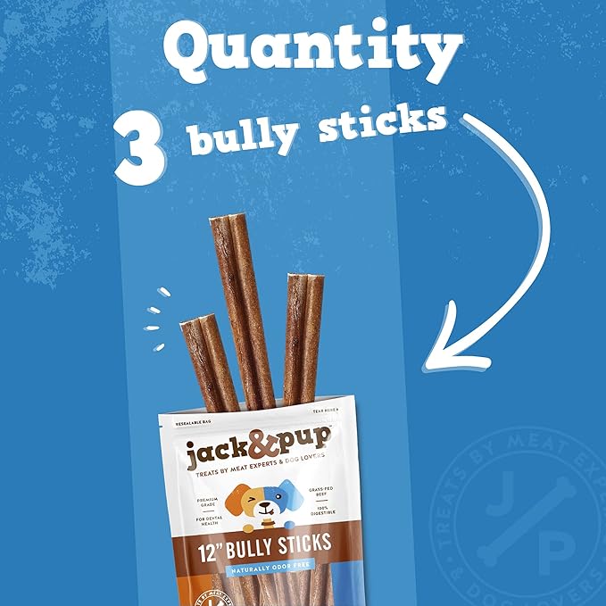 Jack&amp;Pup 12 Inch Bully Sticks for Large Dogs | Thick Odor Free Bully Sticks (3 Pack) Long Lasting Bully Sticks for Dogs