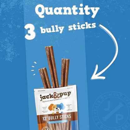 Jack&amp;Pup 12 Inch Bully Sticks for Large Dogs | Thick Odor Free Bully Sticks (3 Pack) Long Lasting Bully Sticks for Dogs