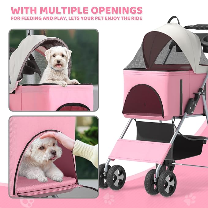 Magshion Foldable Pet Stroller, 3-in-1 Dog Travel Jogger with Detachable Carrier, Cup Holder, Storage Basket, Folding Carrier for Small/Medium Dogs &amp; Cats Up to 33 lbs, Pink