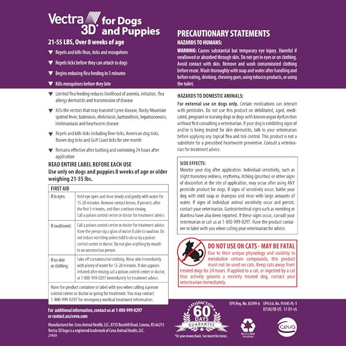 Vectra 3D for Dogs Flea, Tick &amp; Mosquito Treatment &amp; Prevention for Medium Dogs (21 – 55 lbs) , 6 month supply