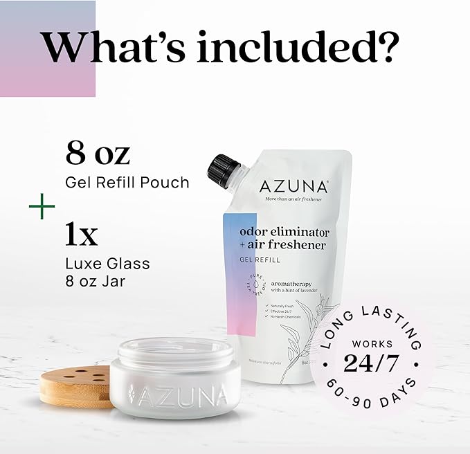 Azuna Air Freshener &amp; Odor Eliminator for Strong Odor | 1 Room Kit Includes (1) Empty Luxe Glass Jar &amp; 8oz Refill with Tea Tree Essential Oil Gel | Aromatherapy | Last 60-90 Days
