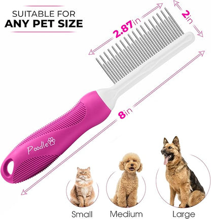 Poodle Pet Detangling Pet Comb with Long &amp; Short Stainless Steel Teeth for Removing Matted Fur, Knots &amp; Tangles – Detangler Tool Accessories for Safe &amp; Gentle DIY Dog &amp; Cat Grooming (Pink)