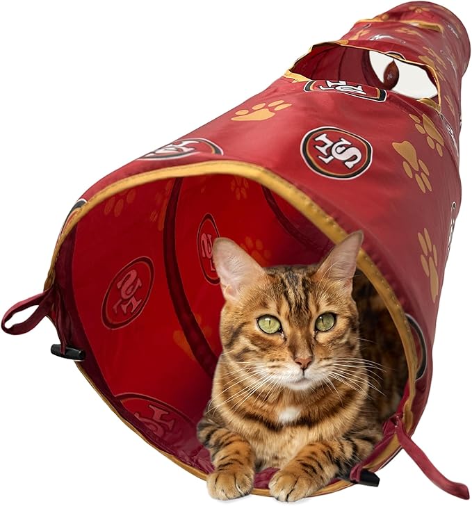 NFL San Francisco 49ers Cat Tunnel Tube Toy with Plush Football Catnip and Feathers Collapsible Tunnel for Cats to Play, Peek and Hide, Sporty &amp; Fun Cat Tunnel Toy with Team Logo All-Over Design!