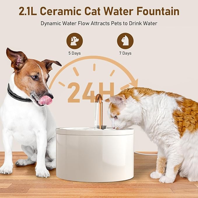 DOOOB Ceramic Cat Water Fountain, 2.1L/71oz Ceramic Cat Fountain, Automatic Ceramic Water Fountain for Cats, Pet Water Fountain with Ultra-Quiet Pump and 3 Filters &amp; 3 Sponges (White)