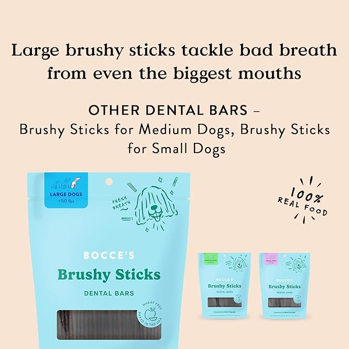 Bocce’s Bakery Dailies Brushy Sticks to Support Oral Health &amp; Fresh Breath, Wheat-Free Dental Bars for Dogs, Made with Real Ingredients, Baked in the USA, All-Natural Coconut &amp; Mint Recipe, Large Dogs