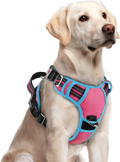 rabbitgoo Dog Harness for Large Dogs, No Pull Pet Vest with 3 Buckles, Adjustable Soft Padded Pet Harness with Easy Control Handle and Reflective Strips, Rose Pink &amp; Blue, L