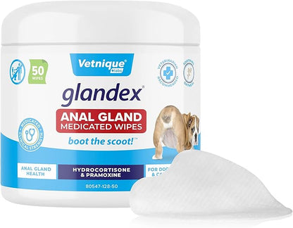 Vetnique Glandex Medicated Dog Butt Wipes or Spray for Dog Scooting - Topical Anti Itch Skin Relief for Soothing Inflamed Anal Glands in Dogs &amp; Cats - Fast Acting Formula 50ct (50ct Wipes)