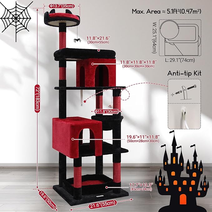 Globlazer Heavy Duty Gothic Cat Tree, 72in Large Cat Tower with Coffin Bed, Sturdy Maine Coon Cat Tree for Large Cats 20 lbs+, Medieval Castle Style with 6 Scratching Posts &amp; Hammock, S72, Black &amp; Red