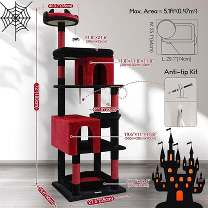 Globlazer Heavy Duty Gothic Cat Tree, 72in Large Cat Tower with Coffin Bed, Sturdy Maine Coon Cat Tree for Large Cats 20 lbs+, Medieval Castle Style with 6 Scratching Posts &amp; Hammock, S72, Black &amp; Red