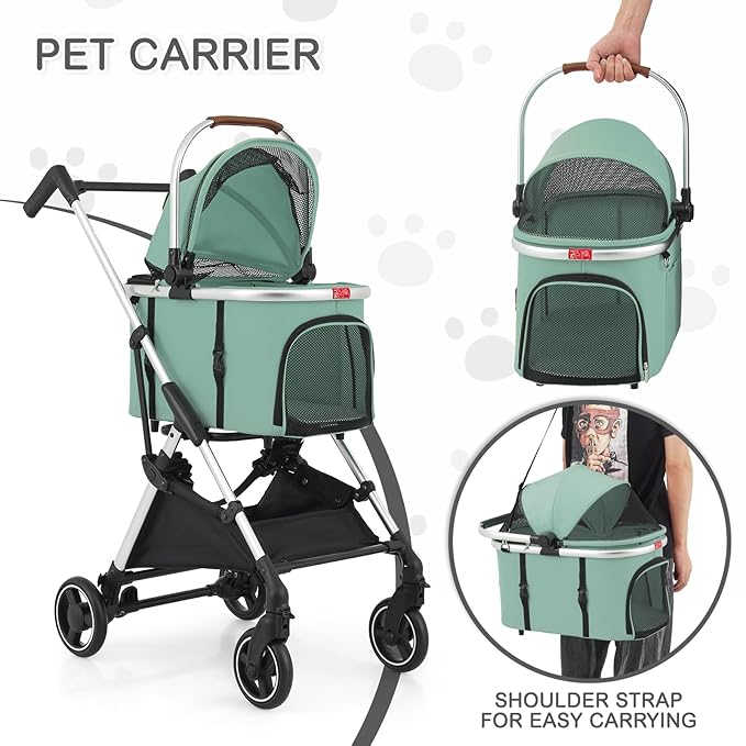 MoNiBloom Pet Stroller for Small/Medium Dogs w/Detachable Carrier &amp; Lightweight Aluminum Frame, Folding Jogging Travel Stroller, Mint Green