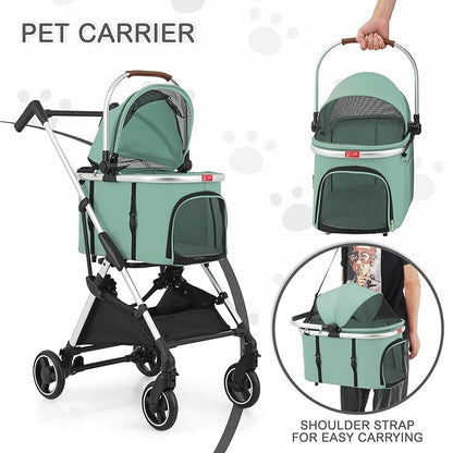 MoNiBloom Pet Stroller for Small/Medium Dogs w/Detachable Carrier &amp; Lightweight Aluminum Frame, Folding Jogging Travel Stroller, Mint Green