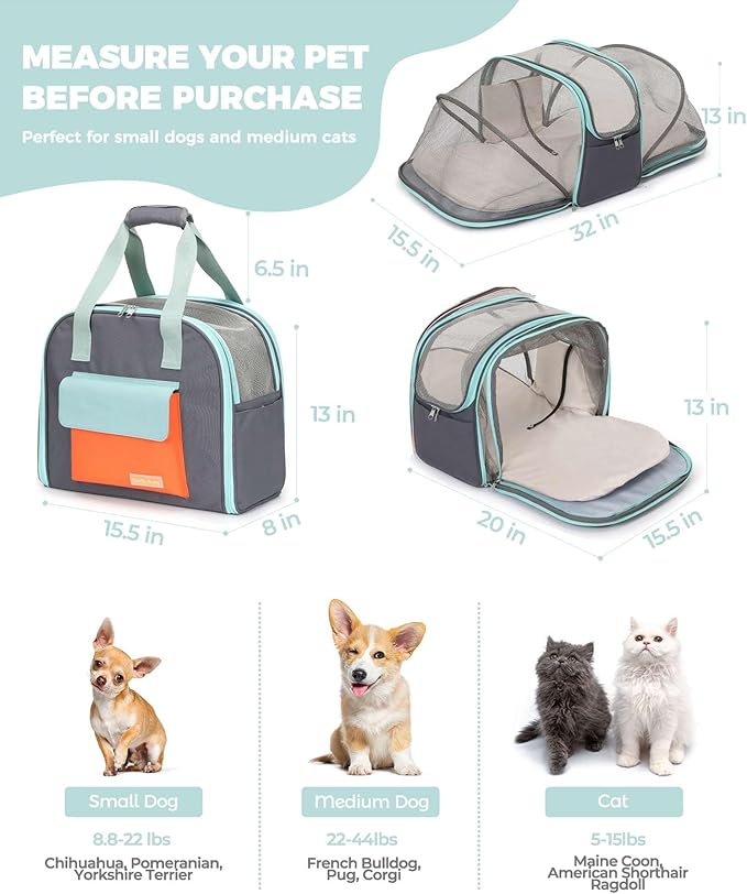 Expandable Pet Carrier Backpack, Cat Carrier Backpacks with Breathable Mesh for Cats Small Dogs Puppies Up to 25 Lbs Airline Approved Waterproof Travel Carrier with Safety Buckle for Hiking &amp; Flights