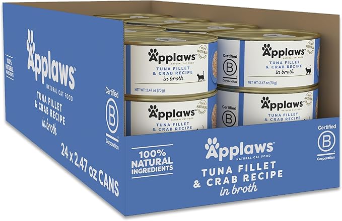 Applaws Natural Wet Cat Food in Broth, Limited Ingredient Canned Wet Cat Food, No Additives, Made with Natural Ingredients, Tuna Fillet &amp; Crab in Broth (24 x 2.47oz Cans)