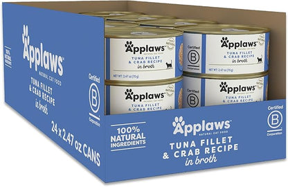 Applaws Natural Wet Cat Food in Broth, Limited Ingredient Canned Wet Cat Food, No Additives, Made with Natural Ingredients, Tuna Fillet &amp; Crab in Broth (24 x 2.47oz Cans)