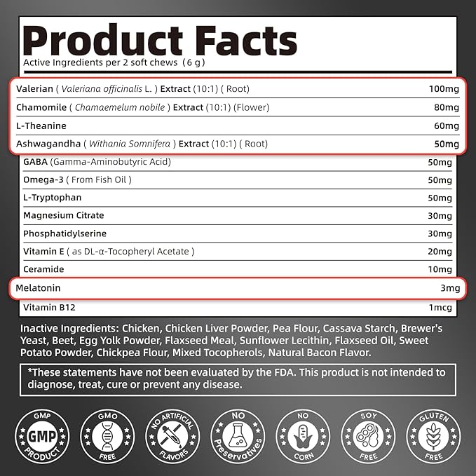 Melatonin for Dogs, Calming Chews with Valerian Root &amp; L-Theanine for Sleep Aid &amp; Emotional Support, Calming Treats for Stress Anxiety Relief - Thunder, Fireworks, Barking, Bacon Flavor, 60Ct