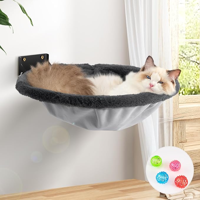 Cat Hammock Wall Mounted, Foldable &amp; Stable Cat Beds- Breathable Cats Wall Shelves for Sleeping, Playing, Climbing, and Lounging - Maximum Hold Up to 30lb（Gray,Faux Rabbit Fur）