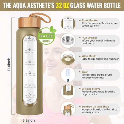 Aqulea Glass Water Bottles with Silicone Sleeve - BPA Free Reusable Wide Mouth Glass Motivational Water Bottles with Fruit Infuser – Leak Proof Borosilicate Water Bottle with Time Marker