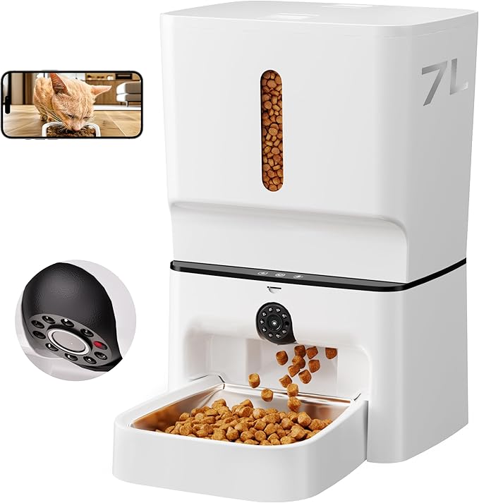 Automatic Cat Feeder with Camera, 7L Timed Dog Feeders, Adjustable Camera, 1080P HD Night Vision, Automatic Dog Feeder, 5G WiFi Cat Food Dispenser with 2-Way Audio, Low Food &amp; Motion Alerts